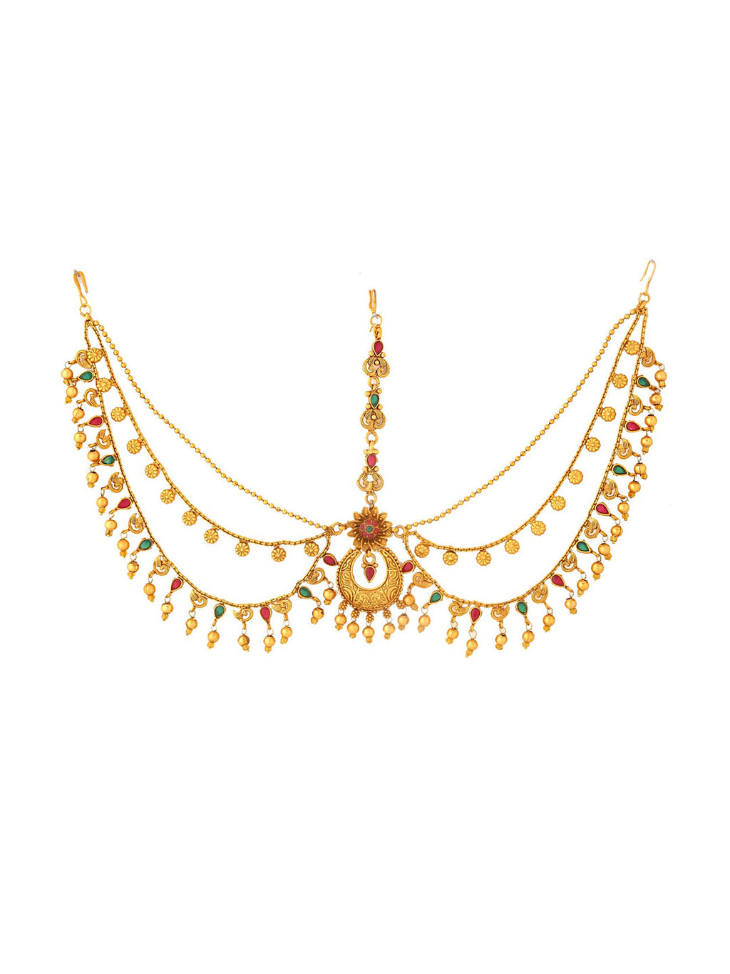 Yellow Chimes Gold-Plated Red & Green Stone-Studded Layered Bridal Maatha Patti - Distacart