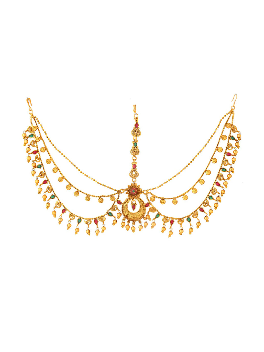 Yellow Chimes Gold-Plated Red & Green Stone-Studded Layered Bridal Maatha Patti - Distacart