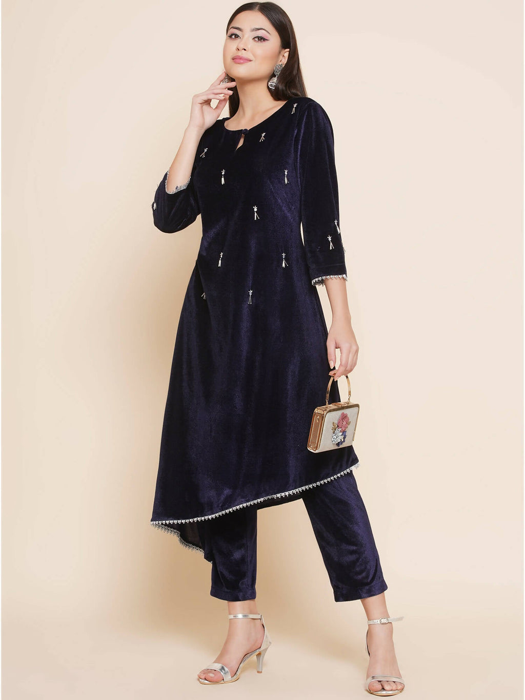 Women Republic Navy Blue Velvet Assymetrical Hand Embellished Kurta With Pants - Distacart