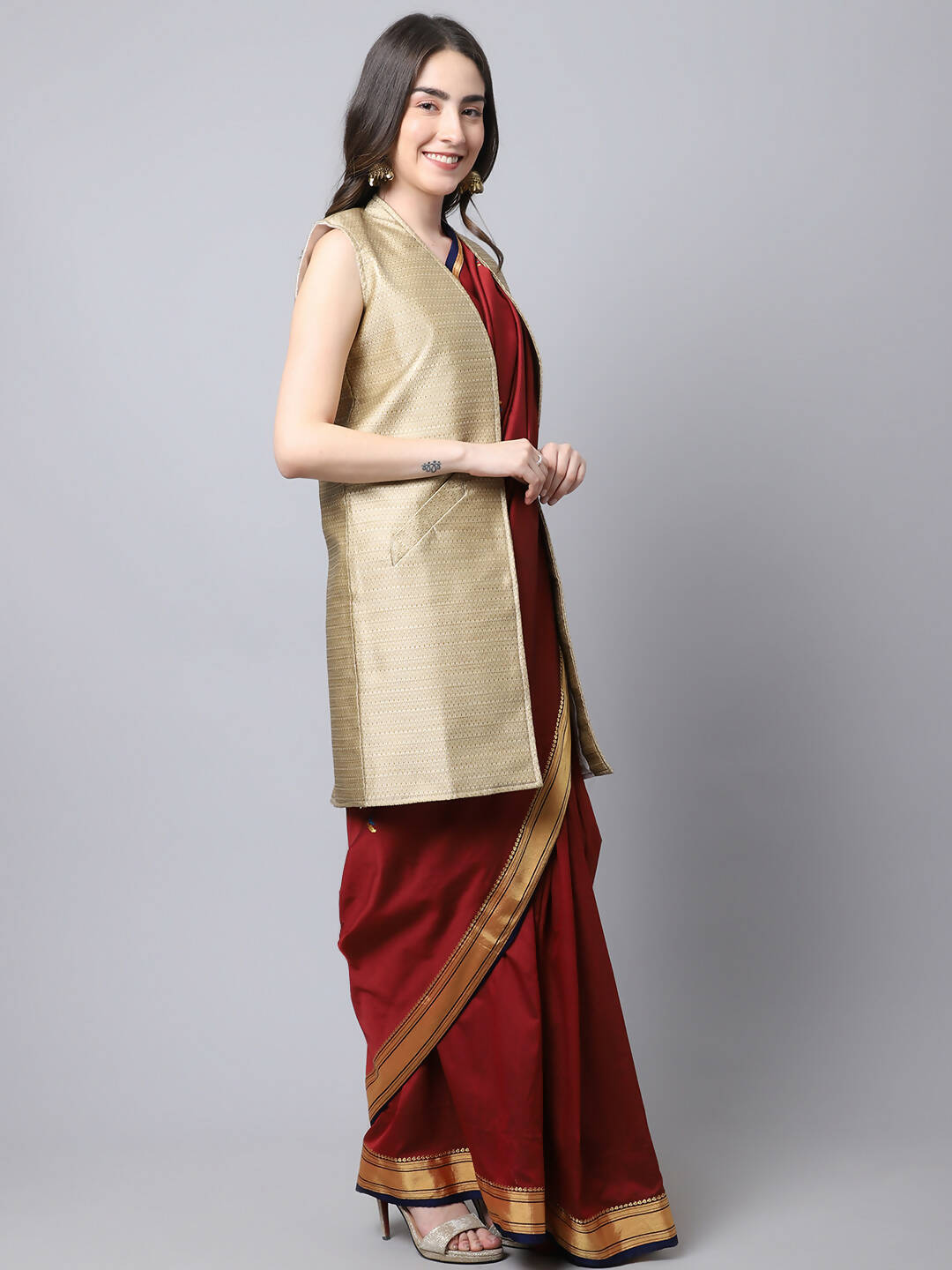 Even Apparels Beige Bansari Silk Open Front Women's Long Coat - Distacart