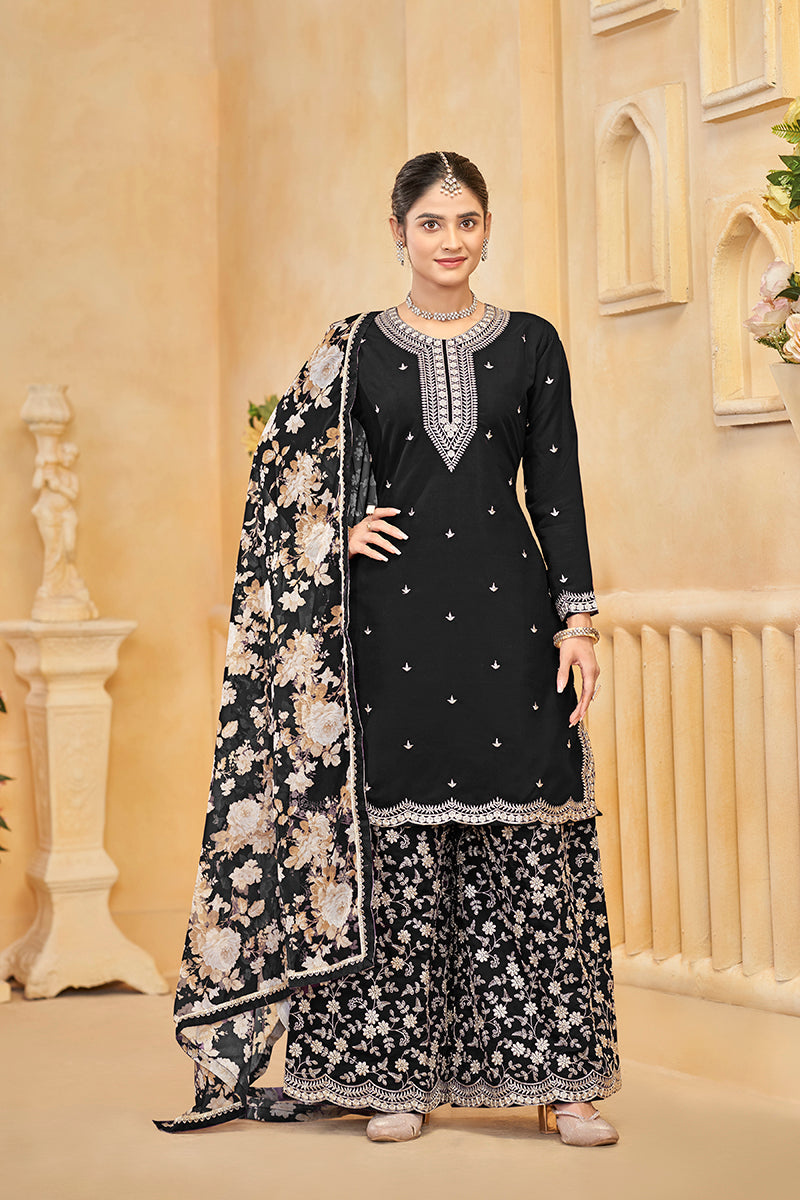 Monjolika Fashion Black Color Embroidered Santoon Silk Salwar Suit - Distacart