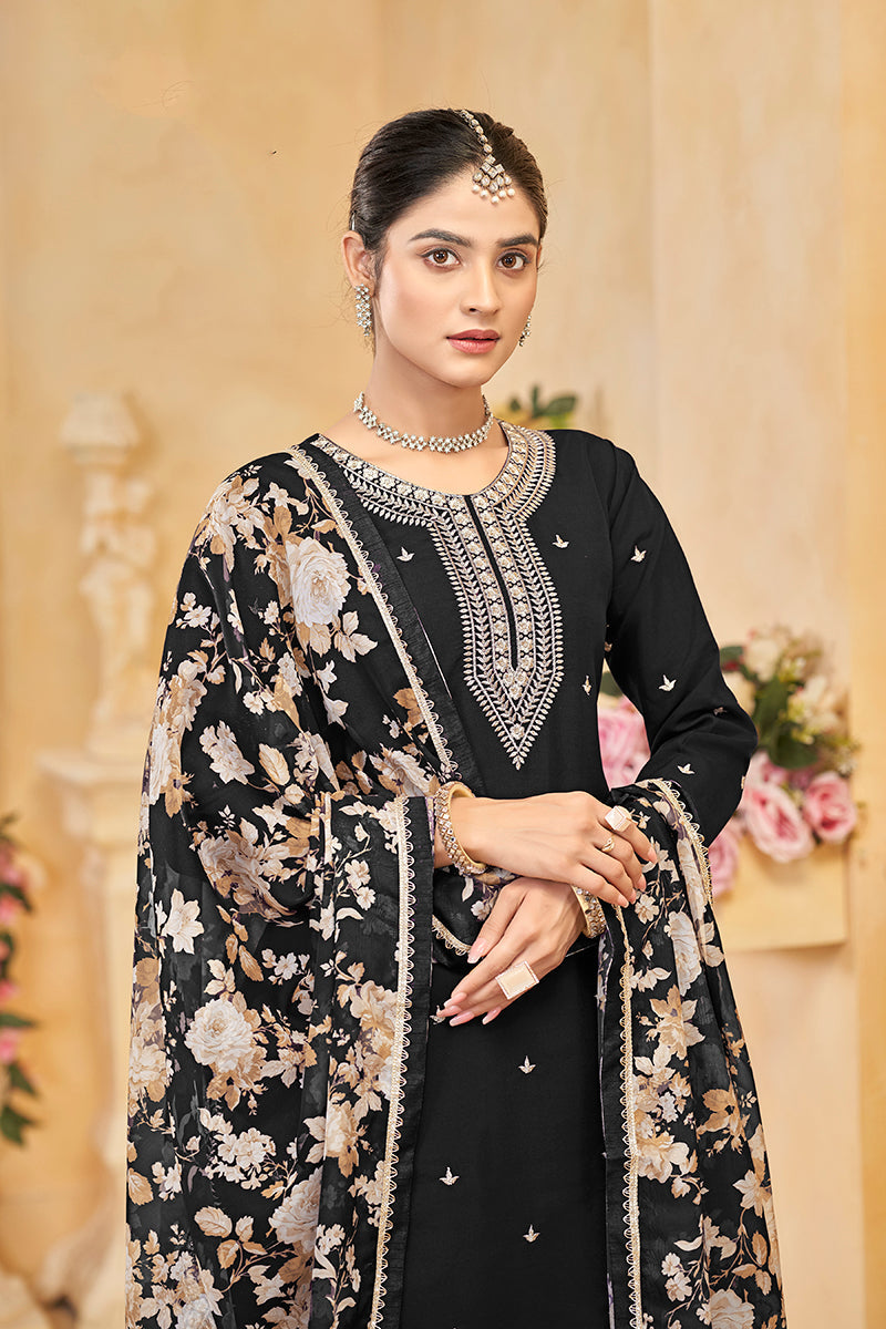 Monjolika Fashion Black Color Embroidered Santoon Silk Salwar Suit - Distacart