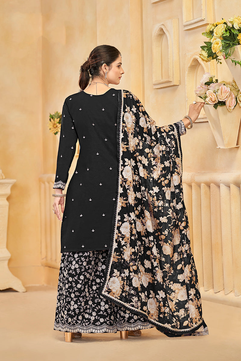 Monjolika Fashion Black Color Embroidered Santoon Silk Salwar Suit - Distacart