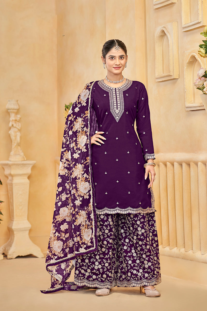 Monjolika Fashion Dark-Purple Color Embroidered Santoon Silk Salwar Suit - Distacart