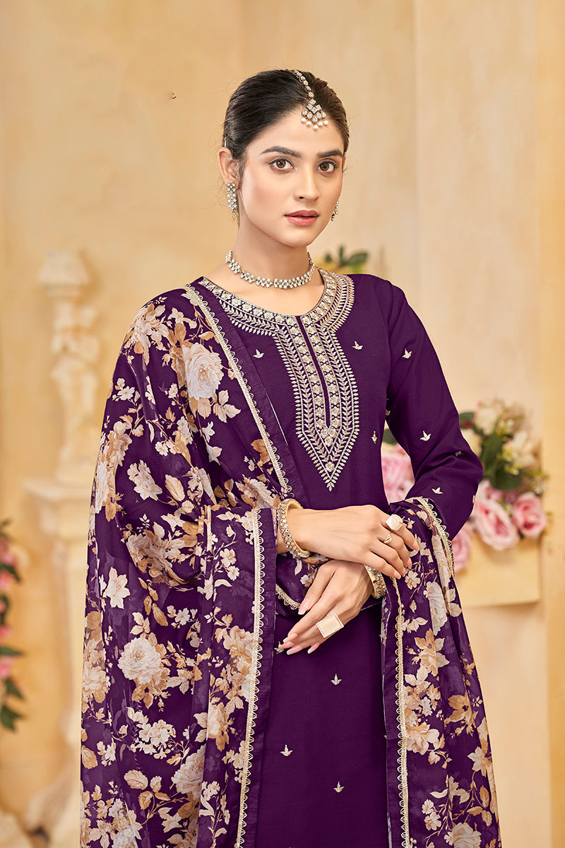 Monjolika Fashion Dark-Purple Color Embroidered Santoon Silk Salwar Suit - Distacart