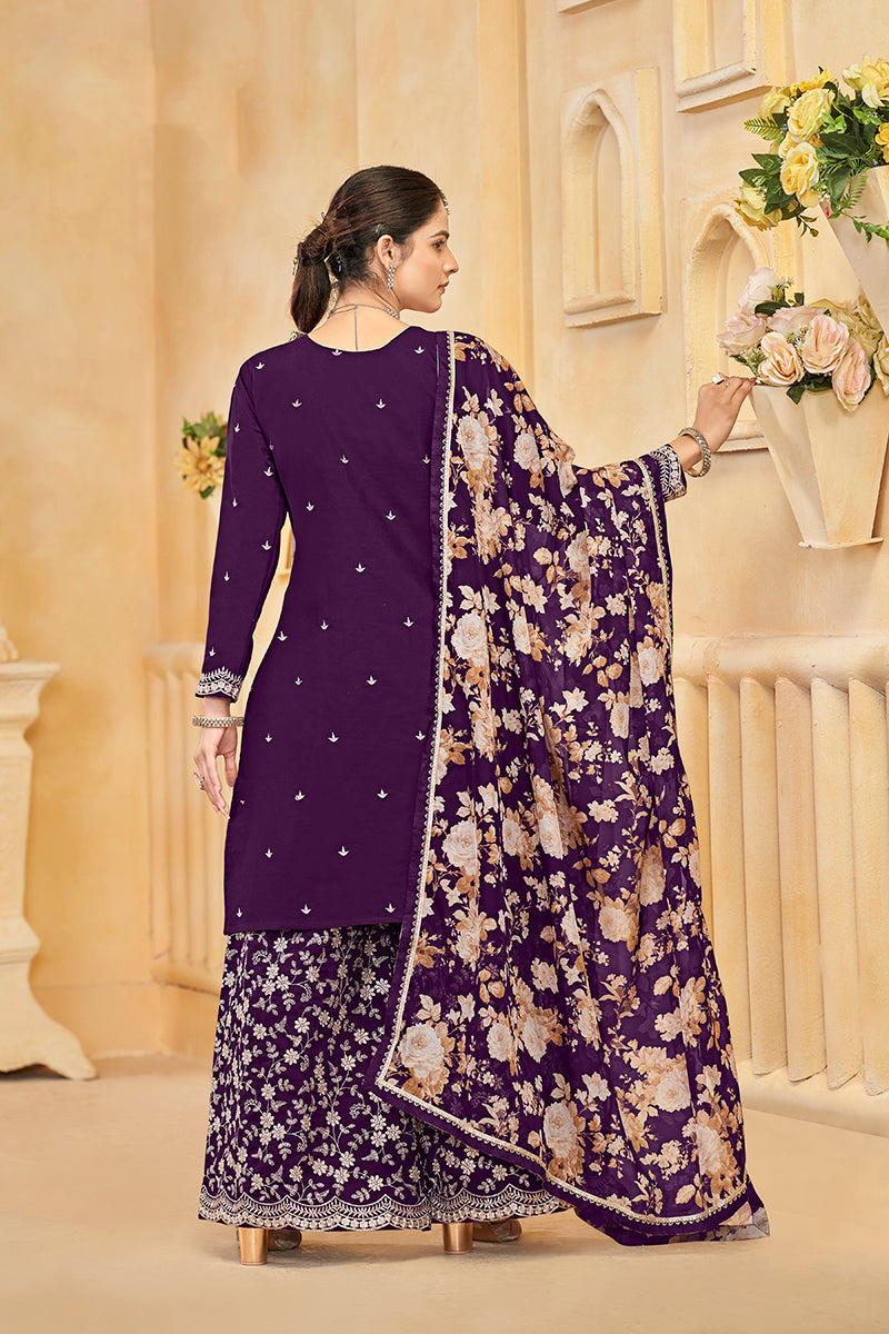 Monjolika Fashion Dark-Purple Color Embroidered Santoon Silk Salwar Suit - Distacart
