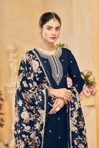 Monjolika Fashion Navy-Blue Color Embroidered Santoon Silk Salwar Suit - Distacart