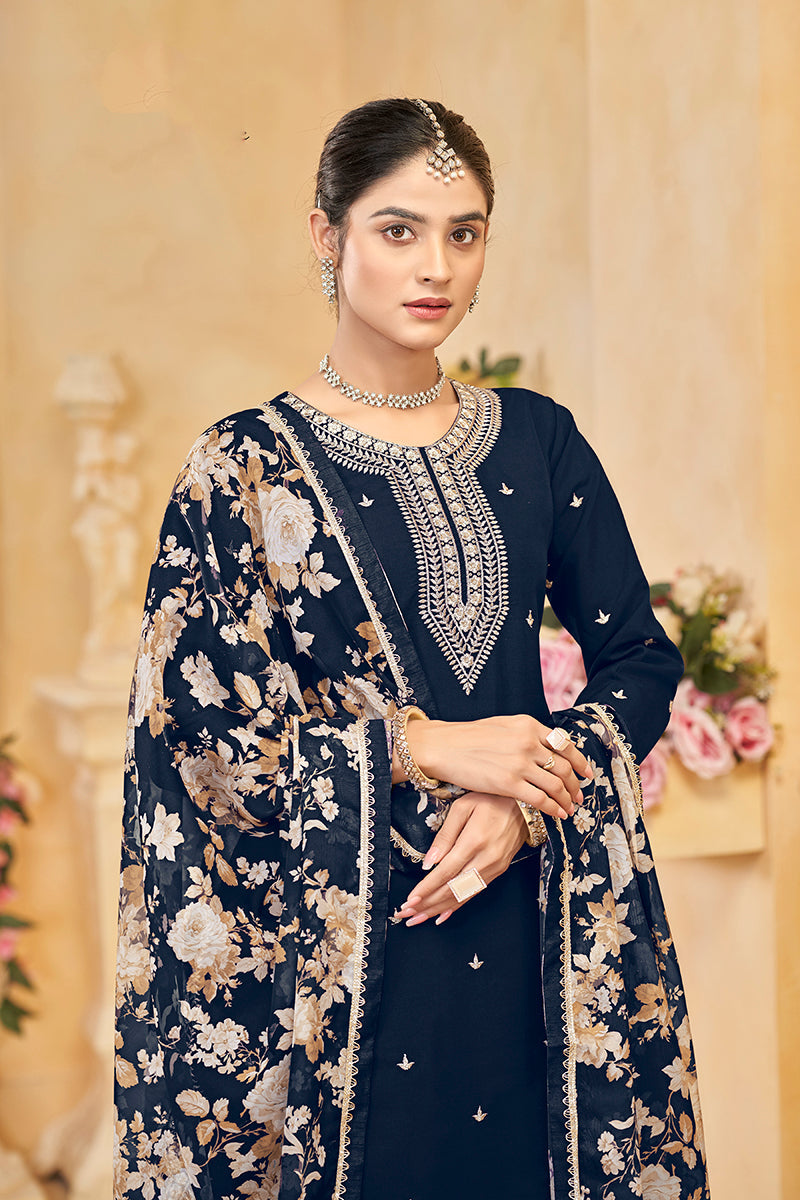 Monjolika Fashion Navy-Blue Color Embroidered Santoon Silk Salwar Suit - Distacart
