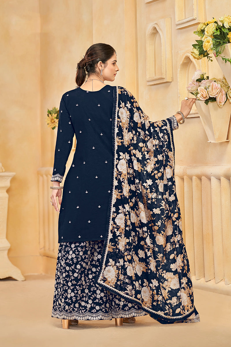 Monjolika Fashion Navy-Blue Color Embroidered Santoon Silk Salwar Suit - Distacart