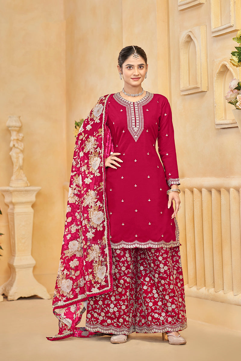 Monjolika Fashion Dark-Hot-Pink Color Embroidered Santoon Silk Salwar Suit - Distacart