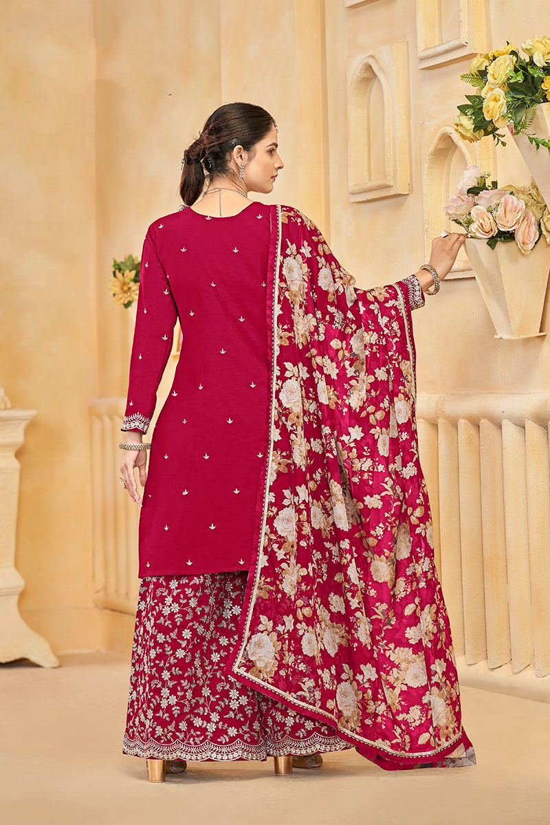 Monjolika Fashion Dark-Hot-Pink Color Embroidered Santoon Silk Salwar Suit - Distacart
