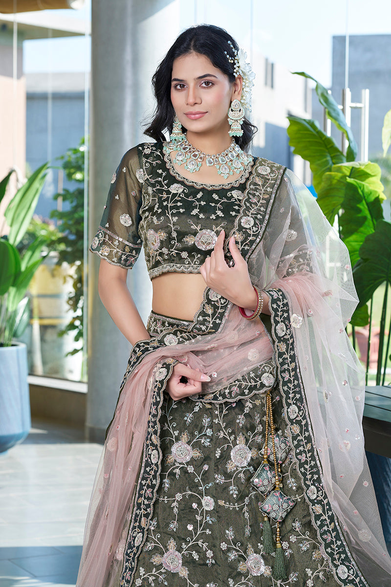 Monjolika Fashion Mehendi Green Embroidered Silk Engagement A Line Lehenga Choli
