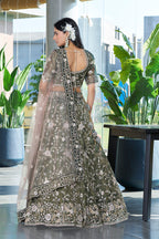 Monjolika Fashion Mehendi Green Embroidered Silk Engagement A Line Lehenga Choli