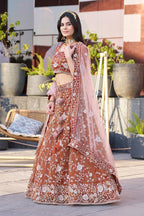 Monjolika Fashion Dark Orange Embroidered Silk Engagement A Line Lehenga Choli