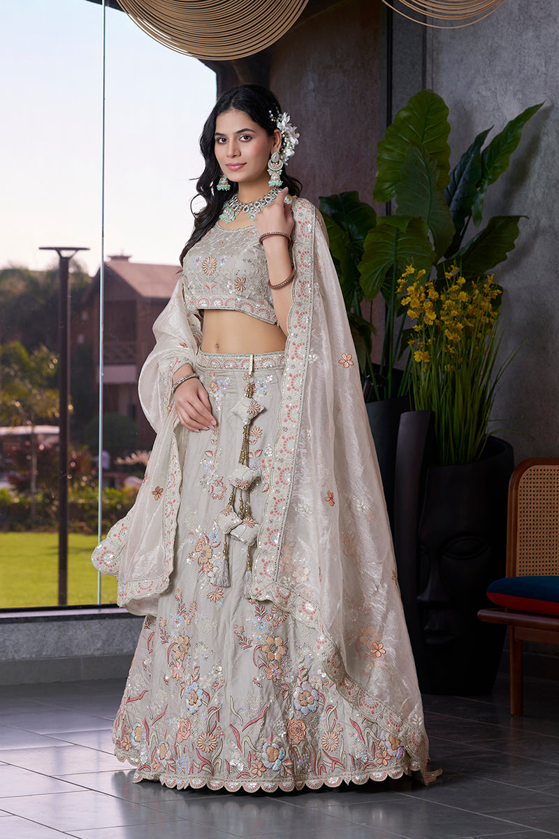 Monjolika Fashion Light Grey Embroidered Silk Engagement A Line Lehenga Choli