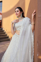 Monjolika Fashion White Embroidered Silk Engagement A Line Lehenga Choli