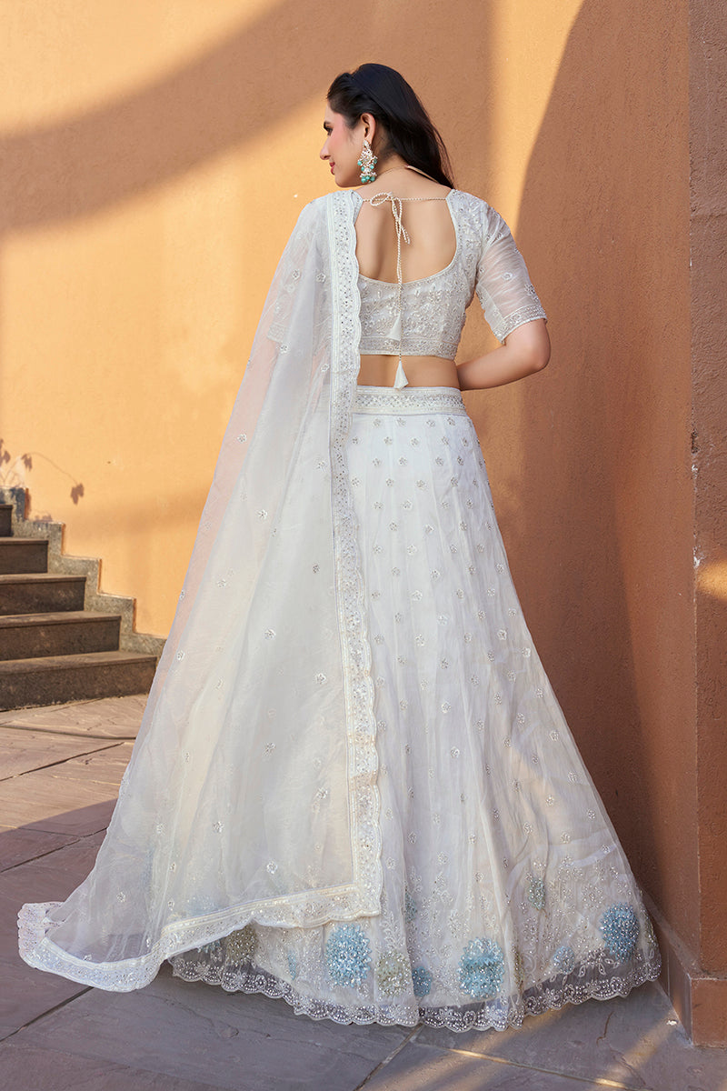 Monjolika Fashion White Embroidered Silk Engagement A Line Lehenga Choli