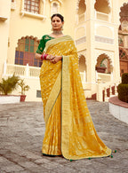 Monjolika Fashion Mustard Yellow Designer Dola Silk Wedding Saree