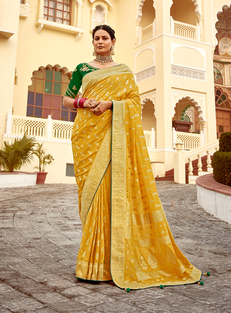 Monjolika Fashion Mustard Yellow Designer Dola Silk Wedding Saree