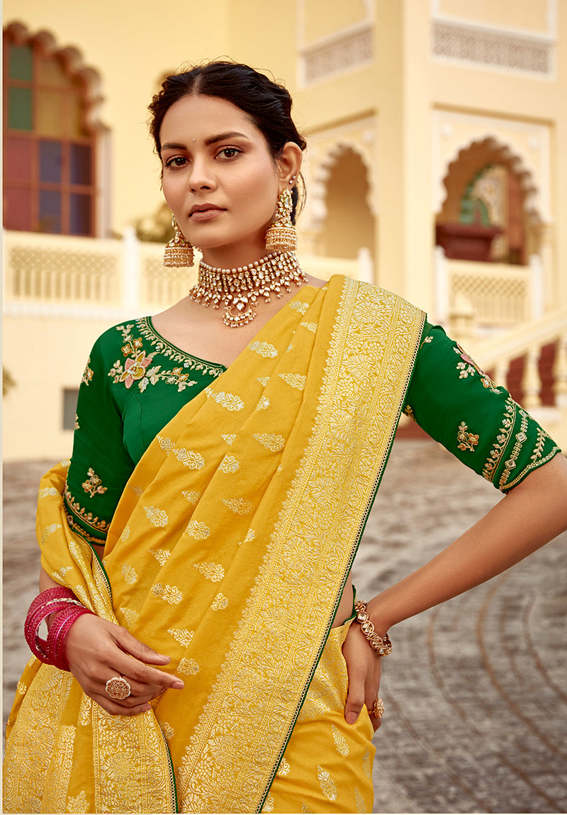 Monjolika Fashion Mustard Yellow Designer Dola Silk Wedding Saree
