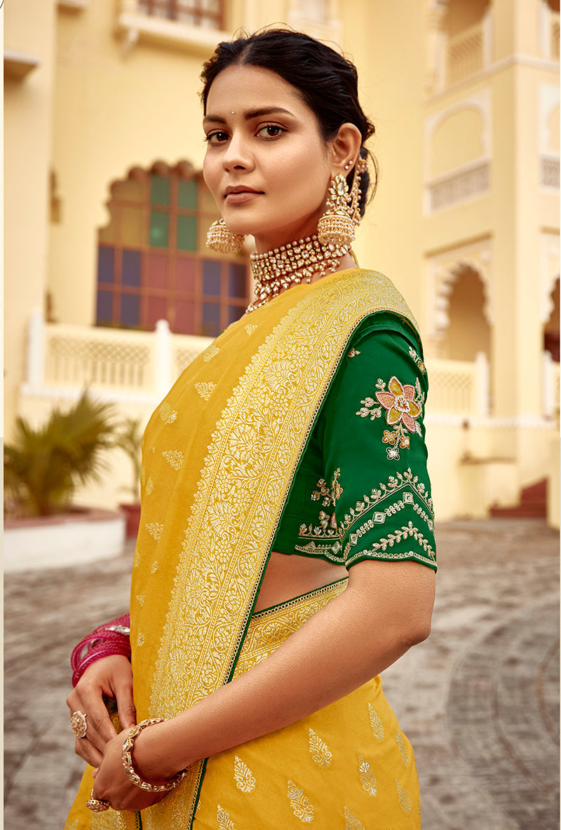 Monjolika Fashion Mustard Yellow Designer Dola Silk Wedding Saree