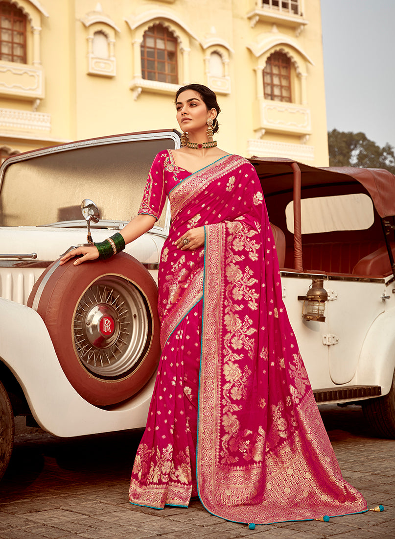 Monjolika Fashion Rani Pink Banarasi Weaving Dola Silk Wedding Saree