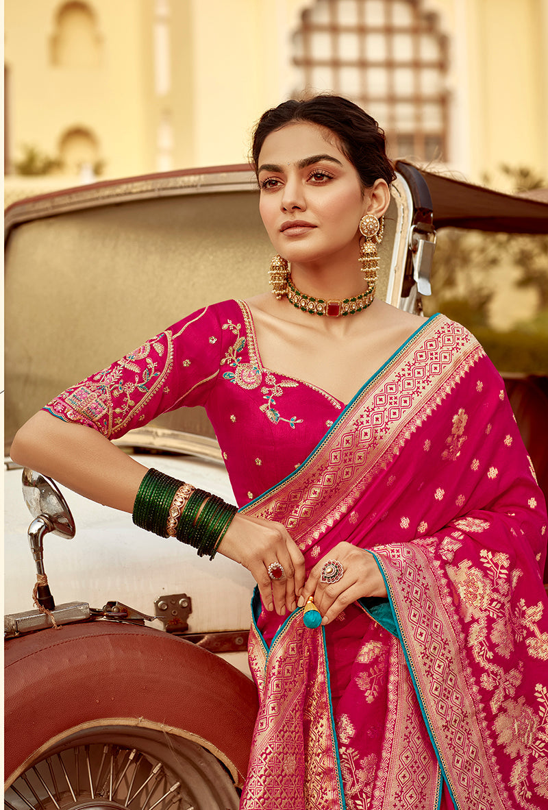 Monjolika Fashion Rani Pink Banarasi Weaving Dola Silk Wedding Saree