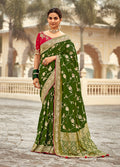 Monjolika Fashion Bottle Green Banarasi Weaving Dola Silk Wedding Saree
