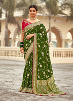 Monjolika Fashion Bottle Green Banarasi Weaving Dola Silk Wedding Saree