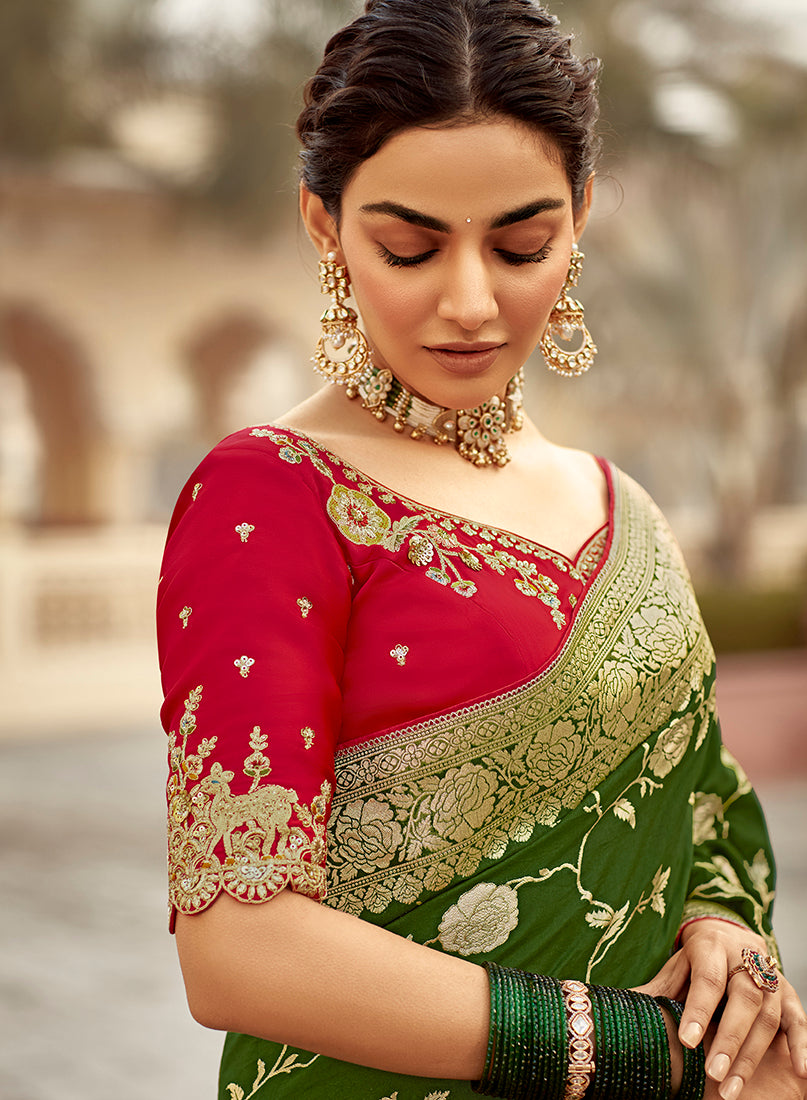Monjolika Fashion Bottle Green Banarasi Weaving Dola Silk Wedding Saree