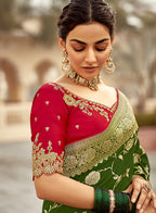 Monjolika Fashion Bottle Green Banarasi Weaving Dola Silk Wedding Saree