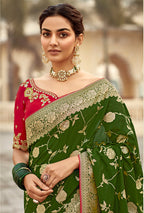 Monjolika Fashion Bottle Green Banarasi Weaving Dola Silk Wedding Saree