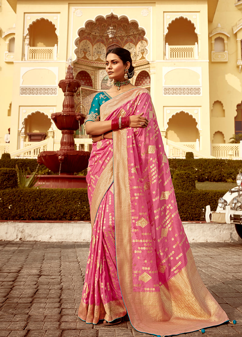 Monjolika Fashion Rose Pink Dola Silk Wedding Saree with Heavy Zari Weaving