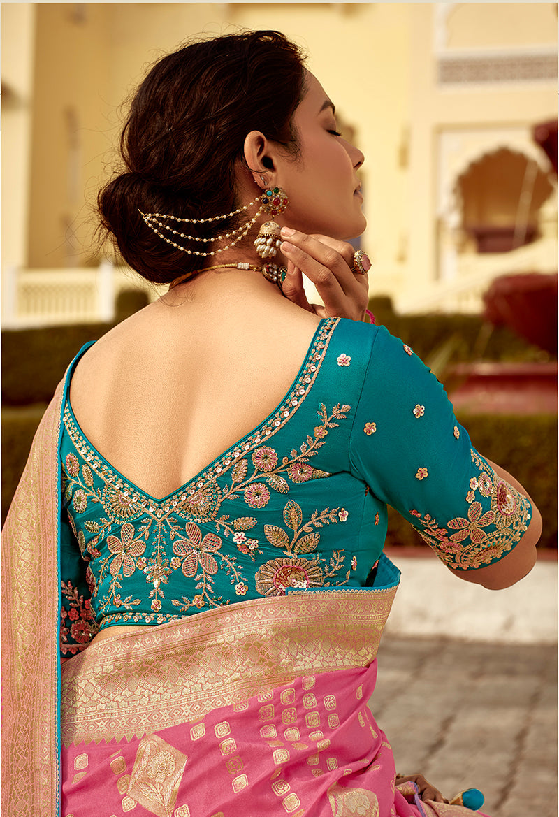 Monjolika Fashion Rose Pink Dola Silk Wedding Saree with Heavy Zari Weaving