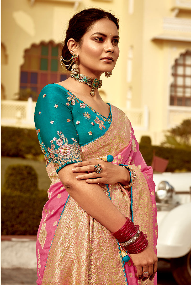 Monjolika Fashion Rose Pink Dola Silk Wedding Saree with Heavy Zari Weaving
