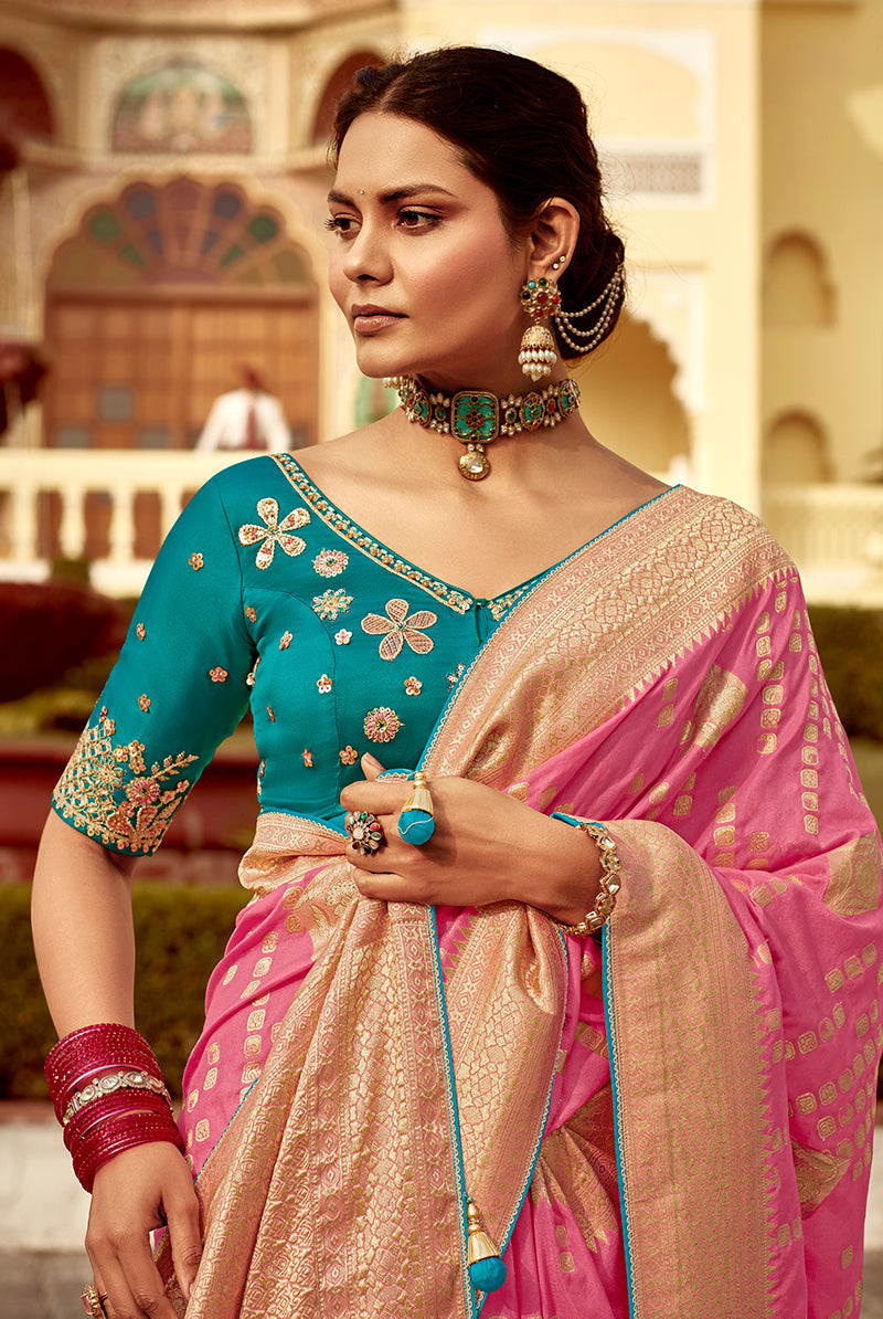 Monjolika Fashion Rose Pink Dola Silk Wedding Saree with Heavy Zari Weaving