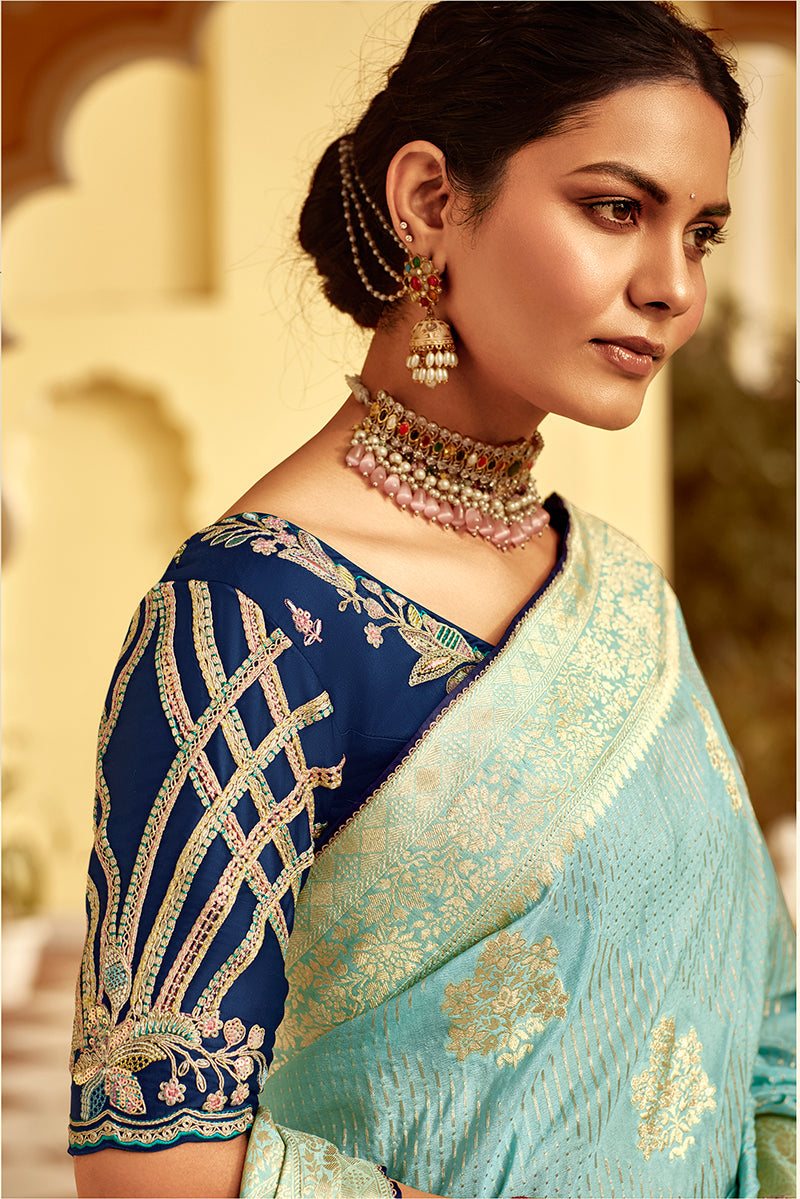 Monjolika Fashion Sky Blue Banarasi Weaving Dola Silk Wedding Saree
