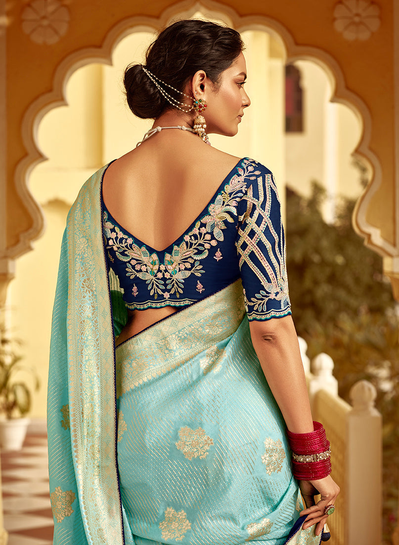 Monjolika Fashion Sky Blue Banarasi Weaving Dola Silk Wedding Saree