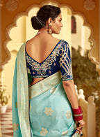 Monjolika Fashion Sky Blue Banarasi Weaving Dola Silk Wedding Saree