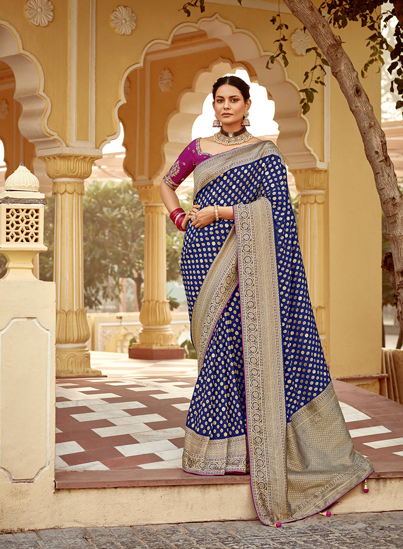 Monjolika Fashion Navy Blue Banarasi Weaving Dola Silk Wedding Saree