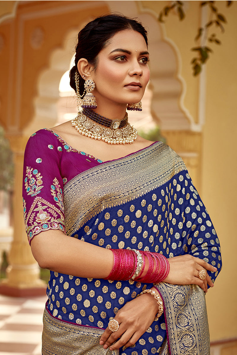 Monjolika Fashion Navy Blue Banarasi Weaving Dola Silk Wedding Saree