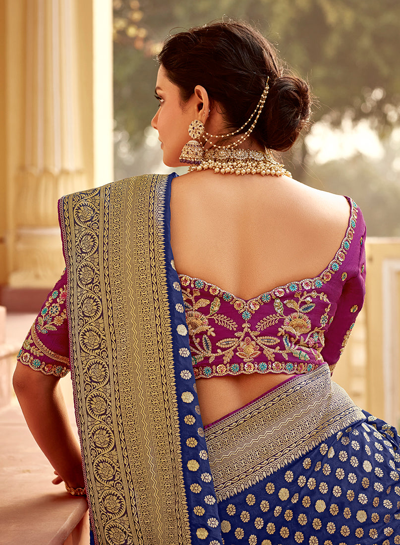 Monjolika Fashion Navy Blue Banarasi Weaving Dola Silk Wedding Saree