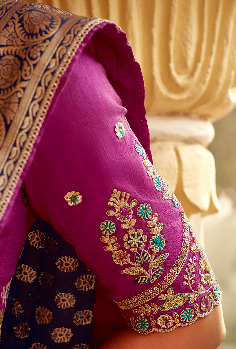 Monjolika Fashion Navy Blue Banarasi Weaving Dola Silk Wedding Saree