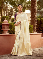 Monjolika Fashion Off-White Designer Dola Silk Wedding Saree with Zari Weaving