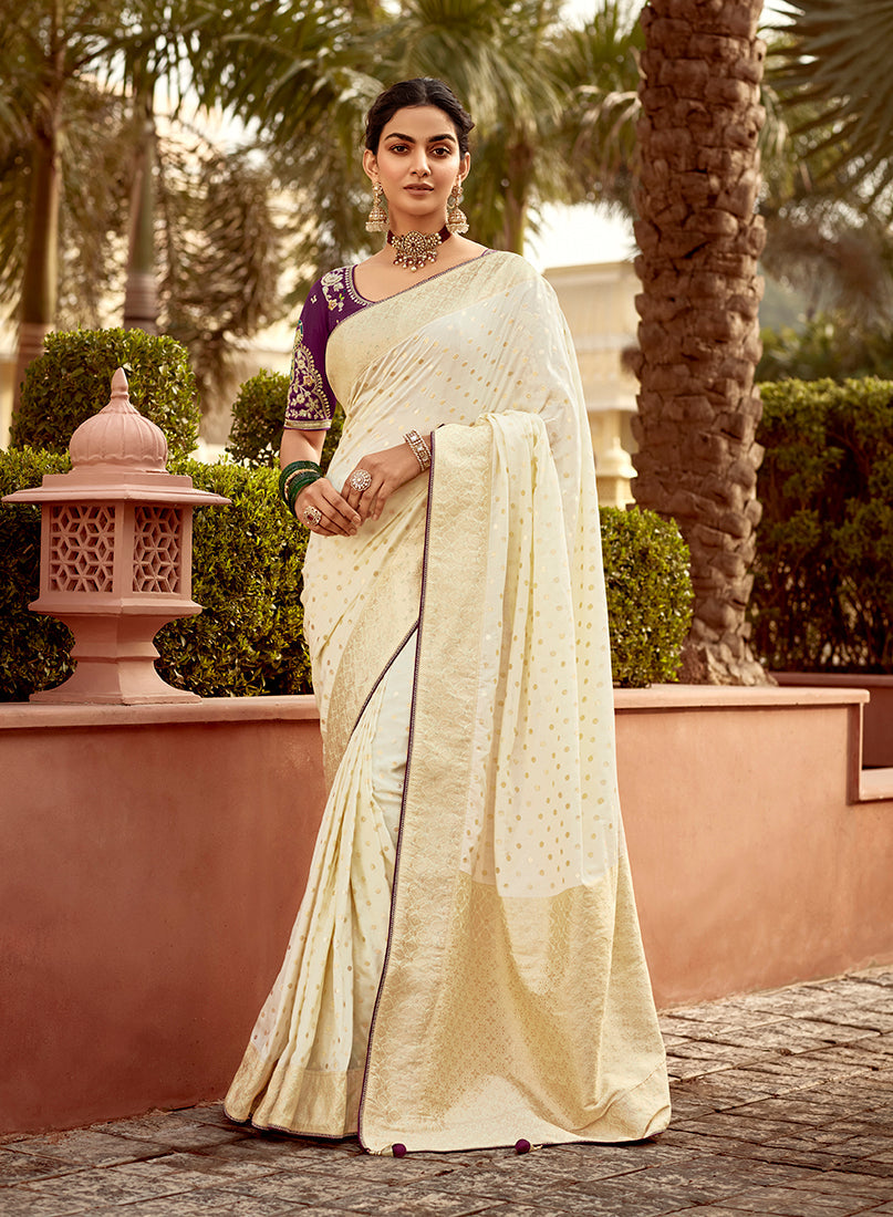 Monjolika Fashion Off-White Designer Dola Silk Wedding Saree with Zari Weaving
