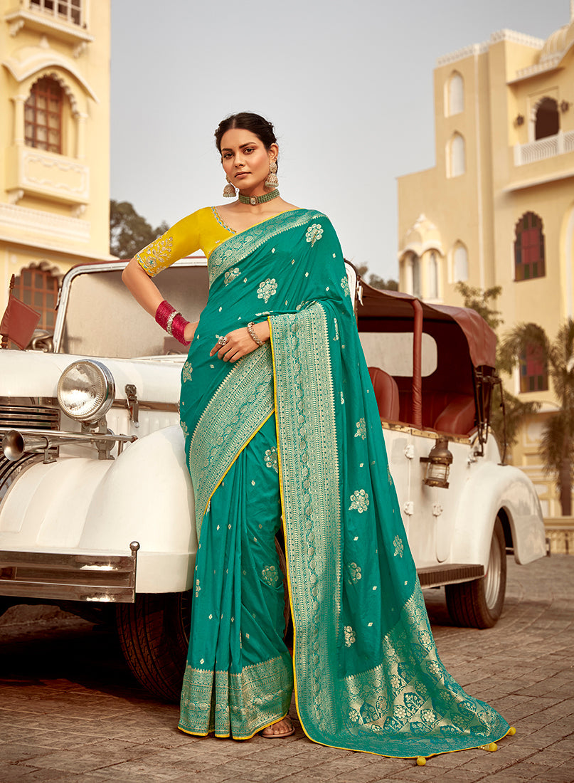 Monjolika Fashion Teal Green Dola Silk Wedding Saree with Heavy Zari Weaving