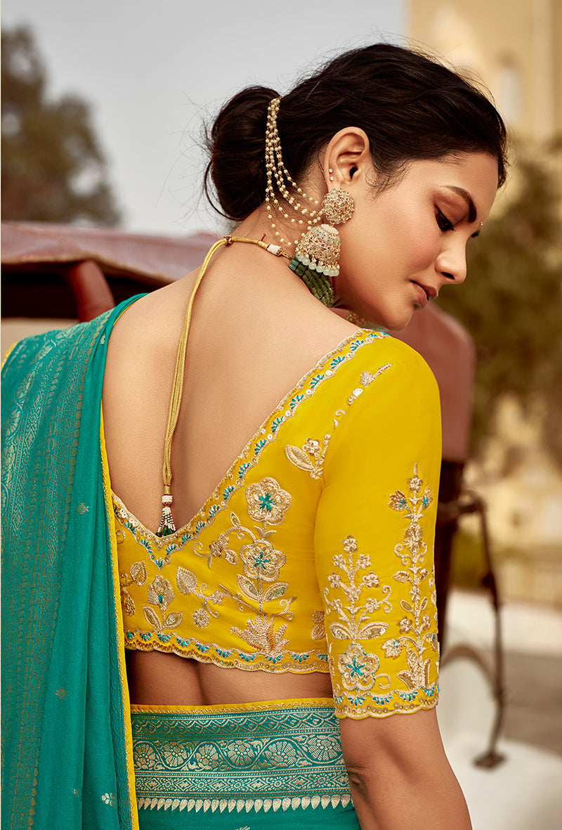 Monjolika Fashion Teal Green Dola Silk Wedding Saree with Heavy Zari Weaving