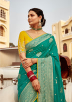 Monjolika Fashion Teal Green Dola Silk Wedding Saree with Heavy Zari Weaving