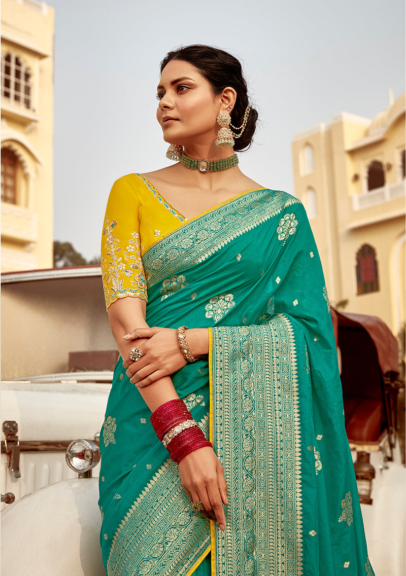 Monjolika Fashion Teal Green Dola Silk Wedding Saree with Heavy Zari Weaving