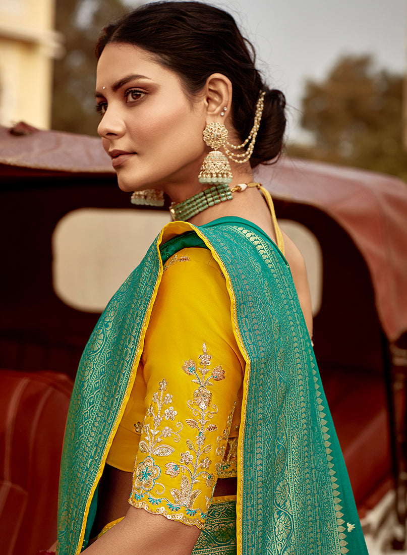 Monjolika Fashion Teal Green Dola Silk Wedding Saree with Heavy Zari Weaving